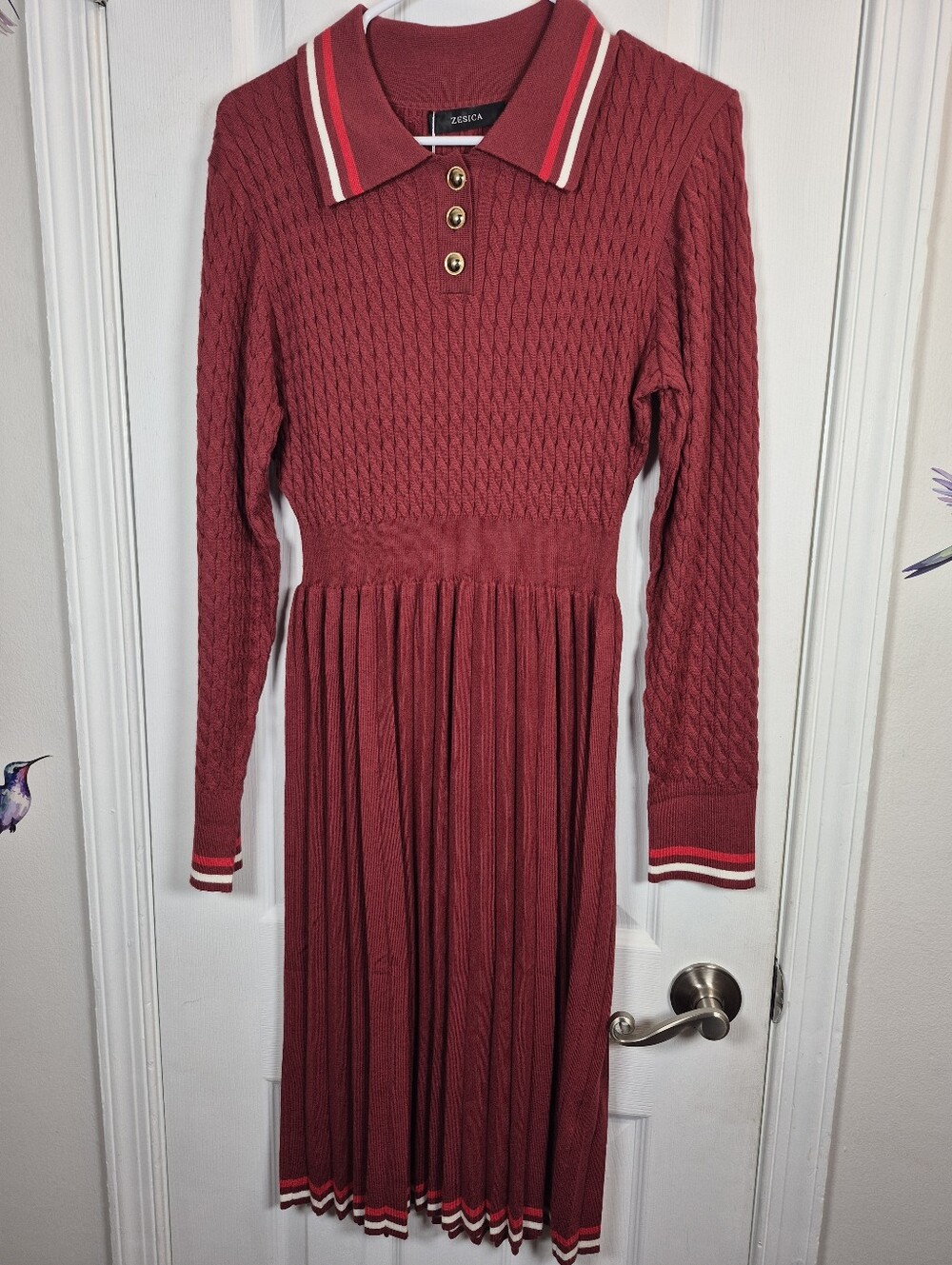 NWT ZESICA Red Knit Midi Sweater Dress Pleated Polo Collar L